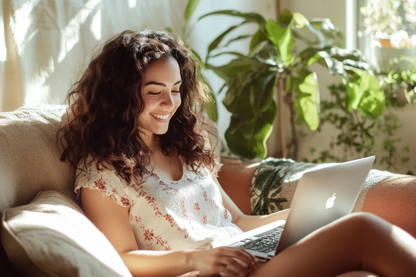 Woman receiving fast loan approval on her laptop